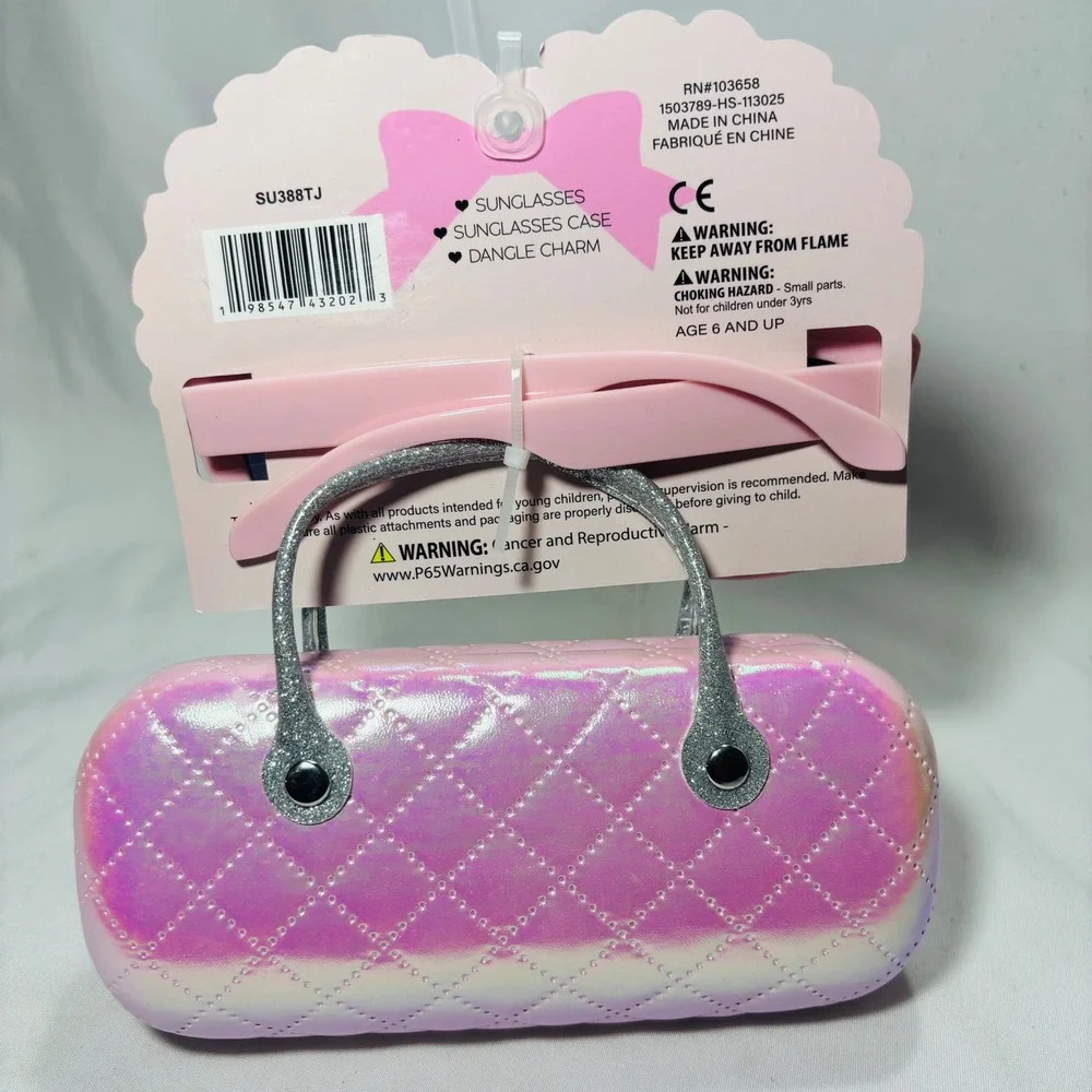 Kids Pink Sunglasses and Quilted Iridescent Heart Case Set UV Protection